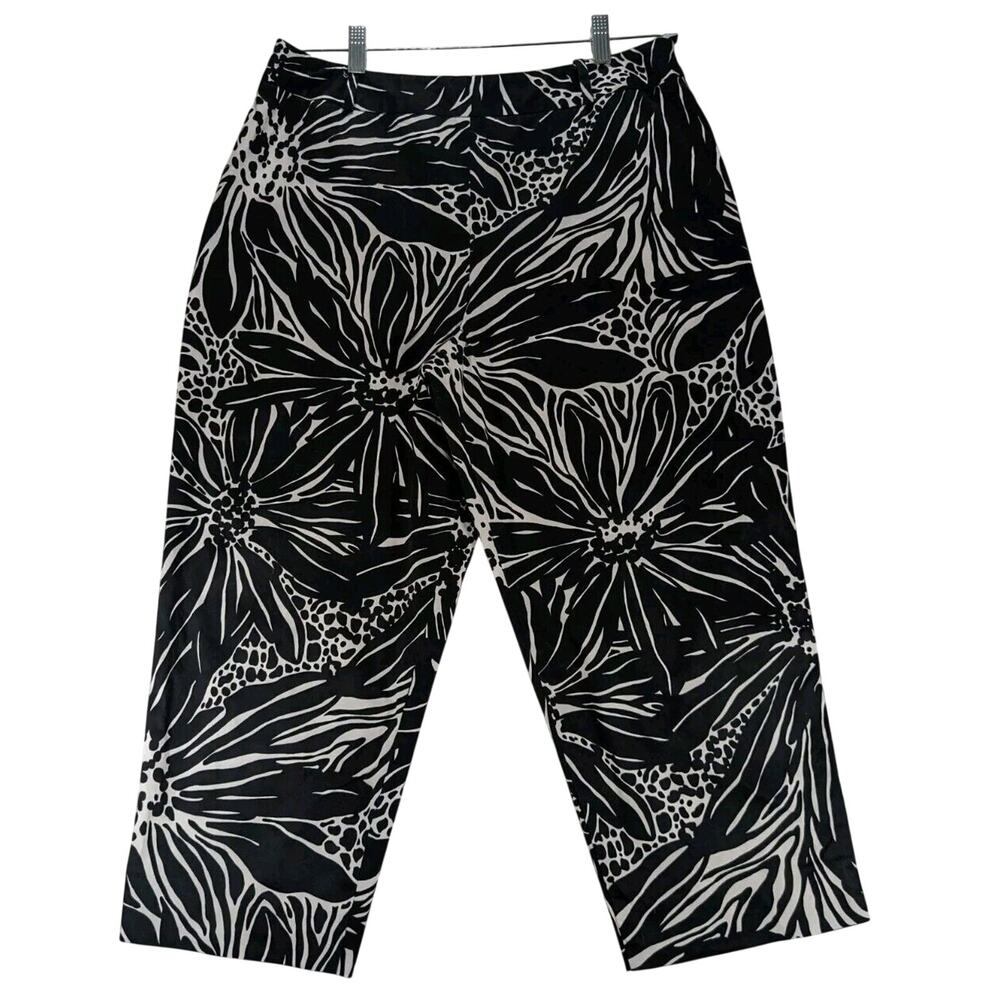 Talbots Petites Black White Floral Womens 14 High Rise Wide Leg Stretch Capri